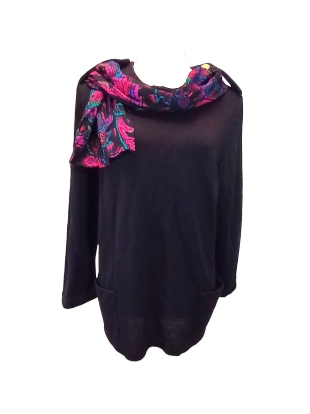 Vintage Black Sweater Tunic w 2 Pockets & Scarf Vintage 1980s